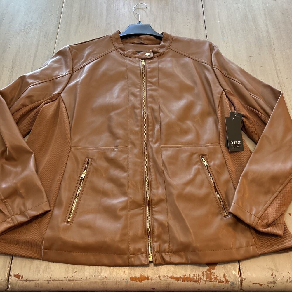 NWT ANA Cognac Tan Full Zip Faux Leather Moto Jacket Sz 3X Vtg